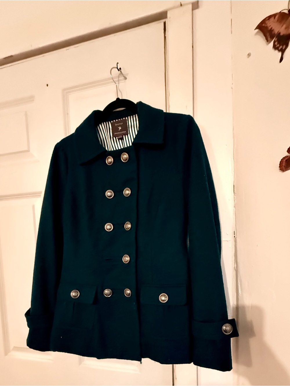 Women's Double-Breasted Peacoat Teal Wool Blend Coat